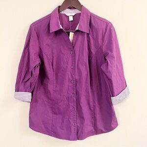 Christopher & Banks Purple Collared Button Down Shirt NEW Size Large 3/4 Sleeves